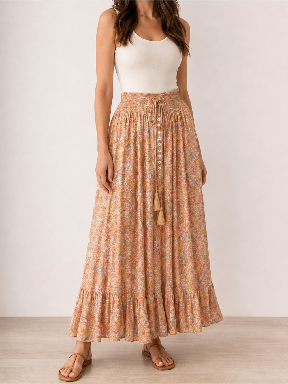 Rachel Zoe Floral Maxi Skirt Smocked Button Front Size Small